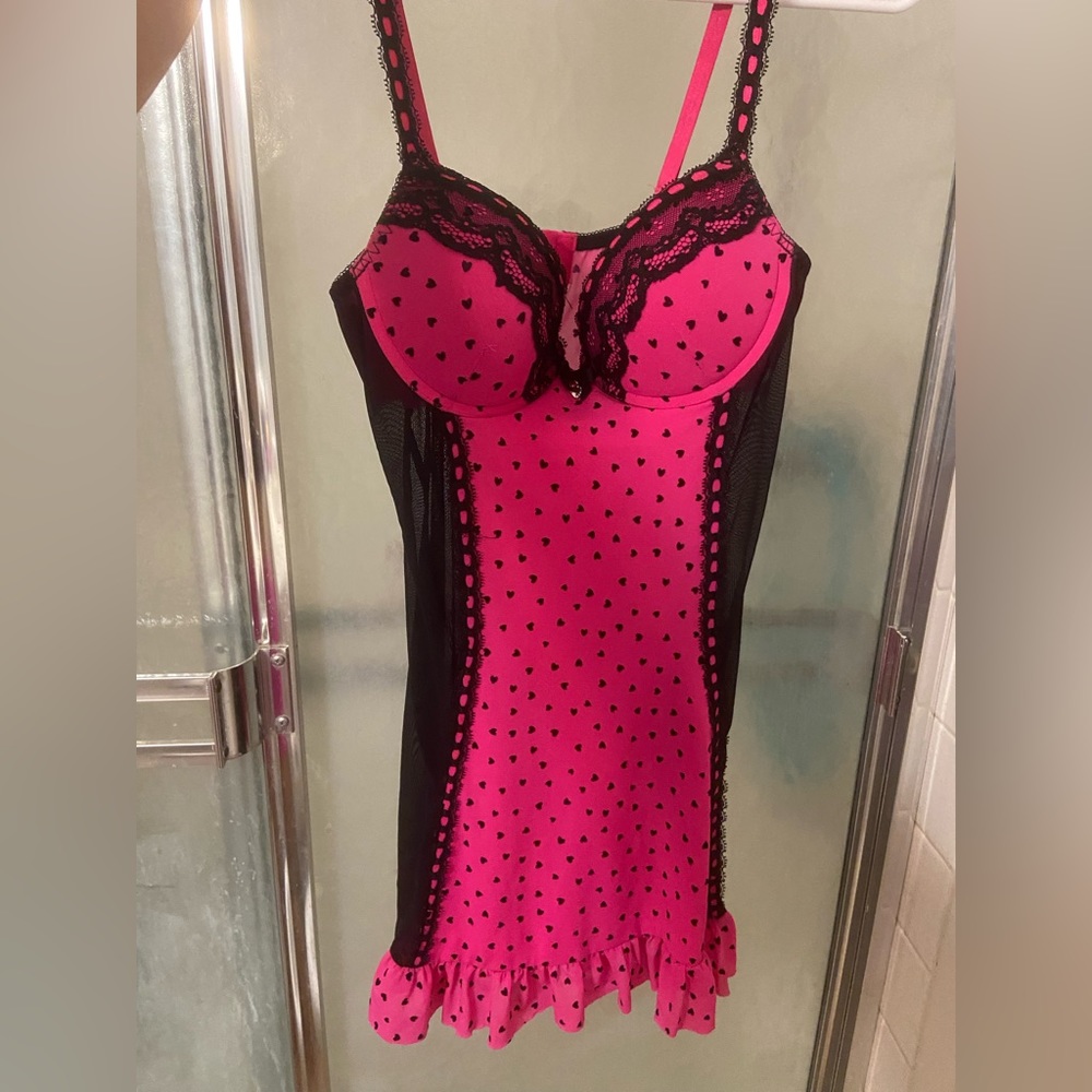 adorable slip dress with bra, hot pink with hearts and mesh fabric on side